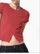 RARELY ALIKE Half Placket Silk Wool Knit Top in Red - On Female Model