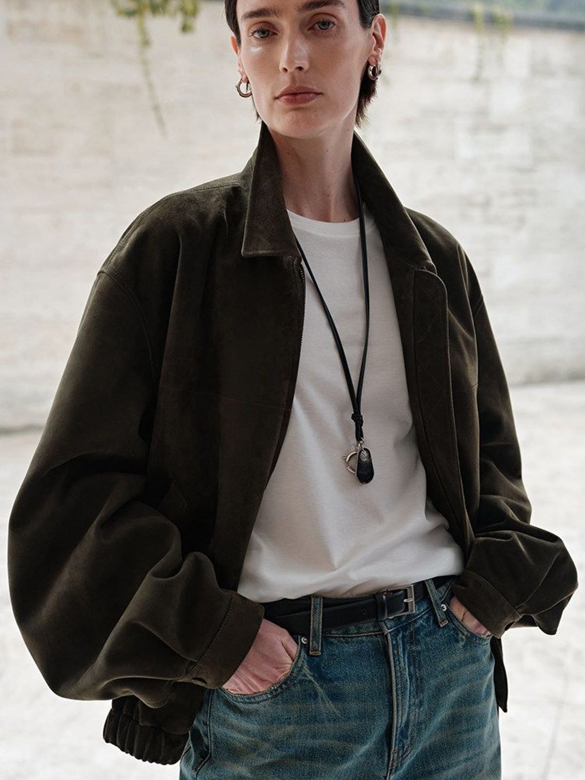MSBEAST Broad Shoulder Sheepskin Jacket in Olive - On Female Model