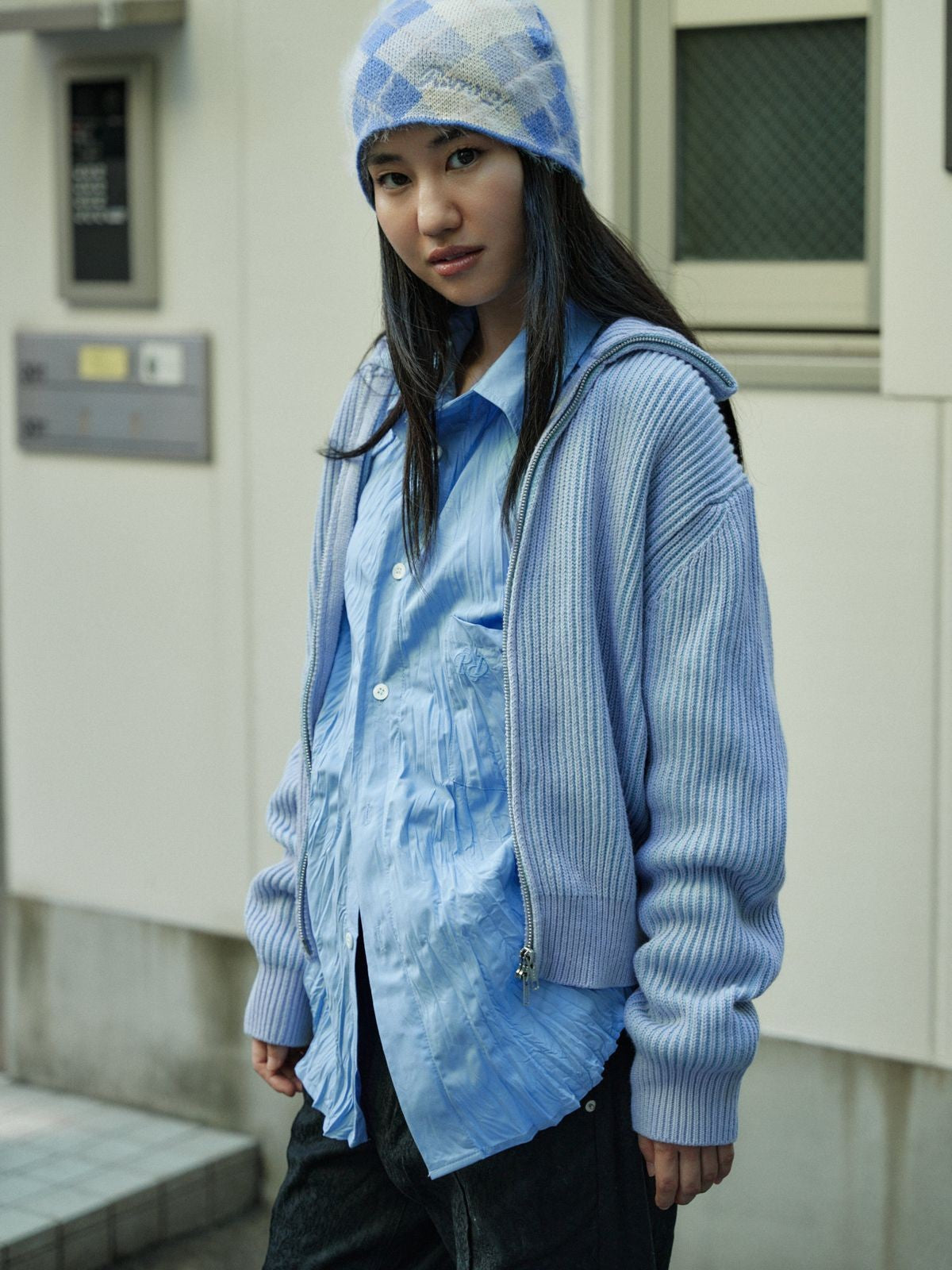 Retro 21 Ribbed Wool Blend Zip Cardigan in Sky Blue - On Female Model