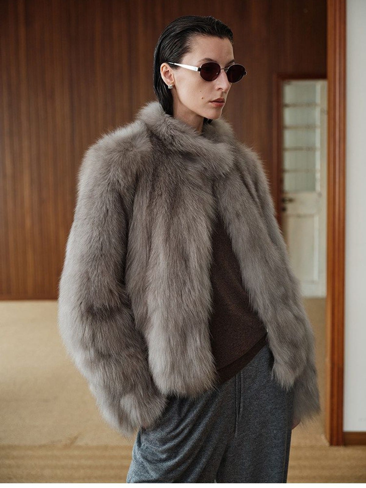 MSBEAST Stand Collar Fox Fur Jacket in Beige - On Female Model