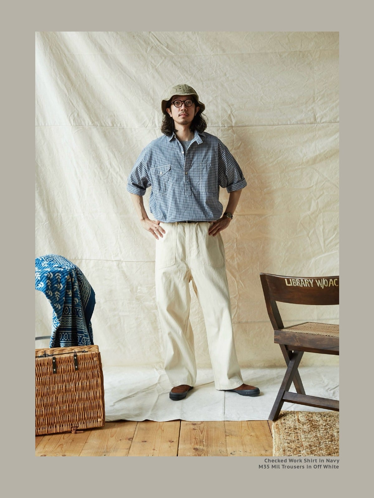 USAGE Vintage Neppy Cotton Straight Leg Jeans in Cream - On Male Model