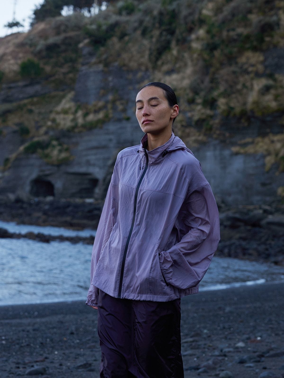 Random Piece Lightweight Cropped Hooded Nylon Jacket in Lavender - On Female Model