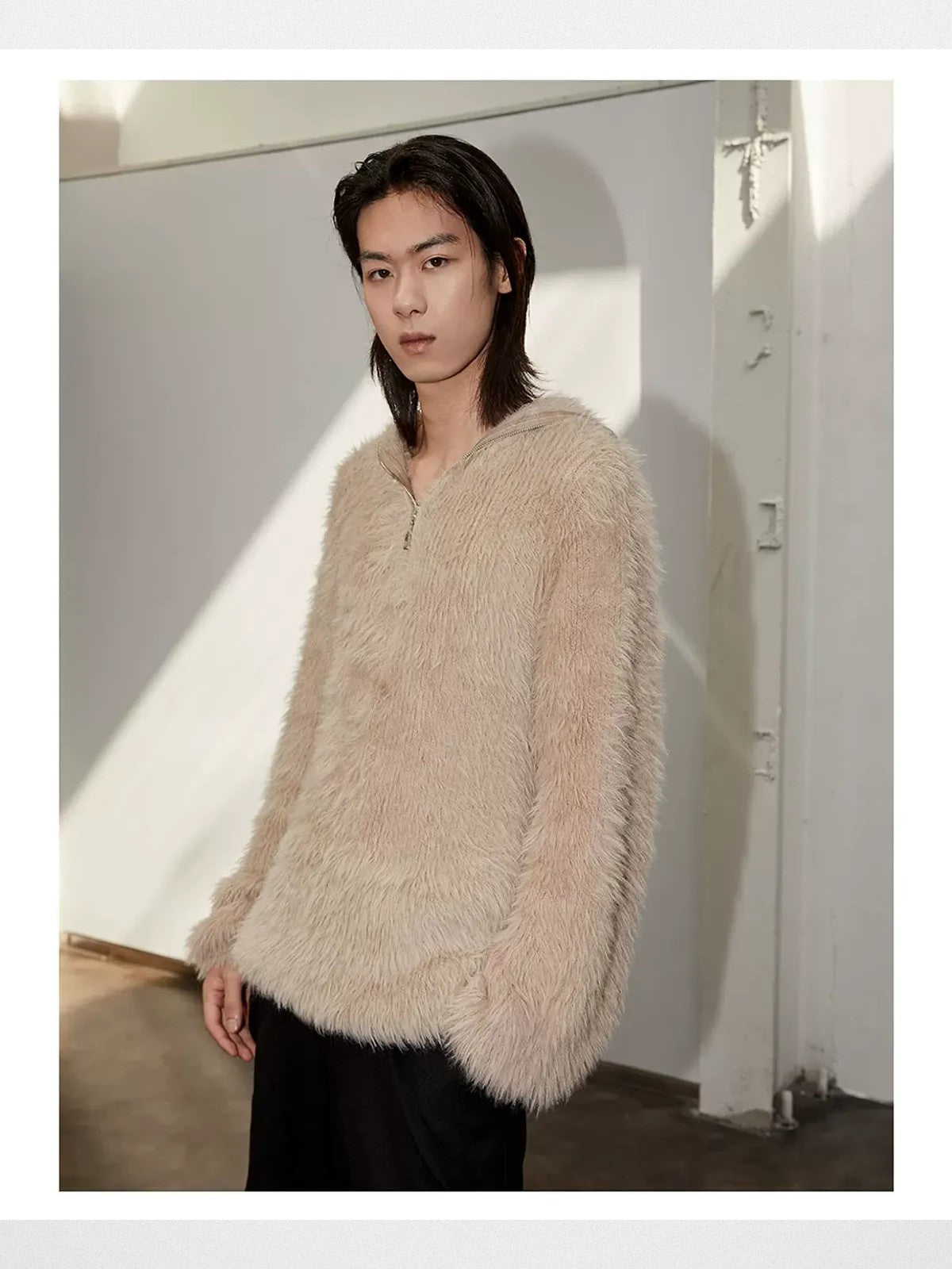 Y OFFICIAL Faux Mink Half Zip Hoodie in Beige - On Male Model