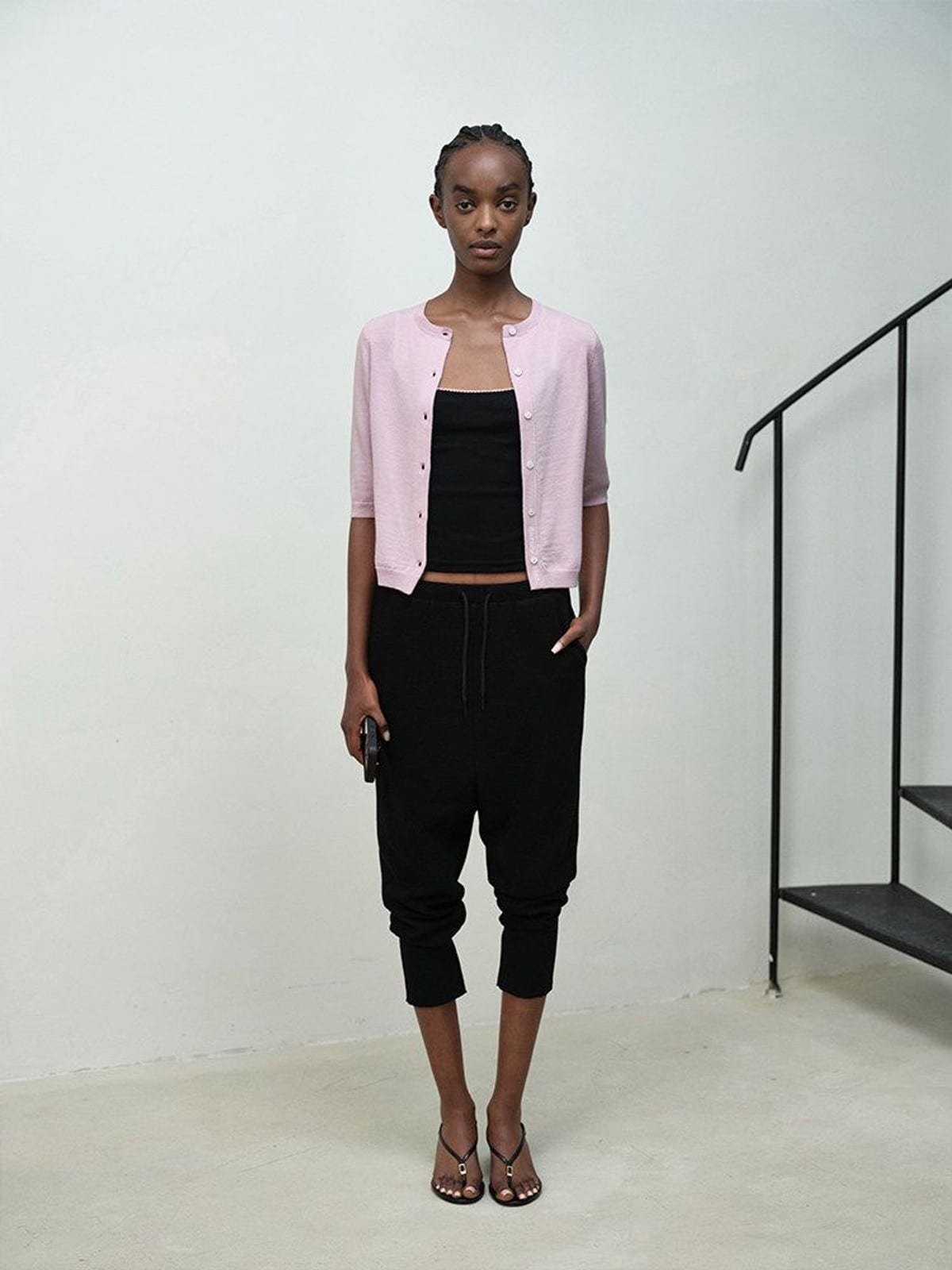 RARELY ALIKE Pure Wool Half Sleeve Cardigan in Pink - On Female Model