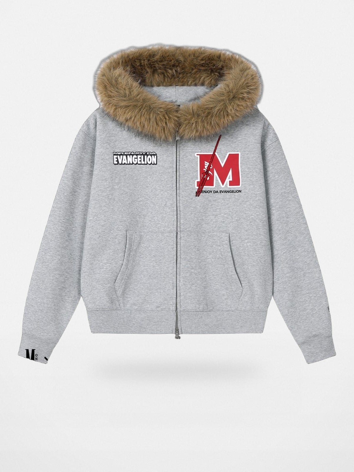 MEDM Faux Fur Trimmed Graphic Zip Hoodie in Gray