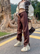 BeerBro Embroidered Script Joggers in Brown - On Female Model
