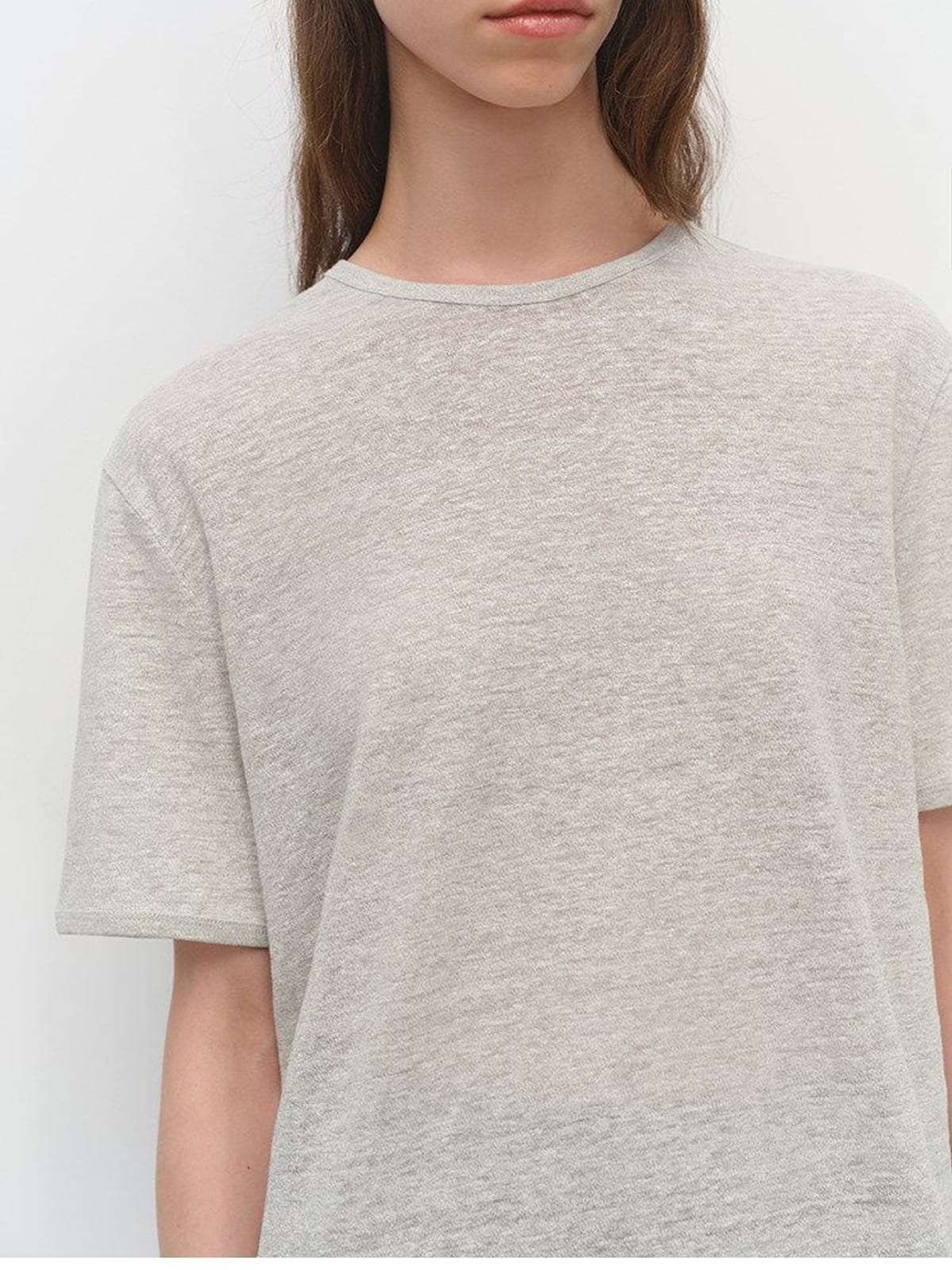 MSBEAST Sheer Linen Blend Crewneck T Shirt in Gray - On Female Model