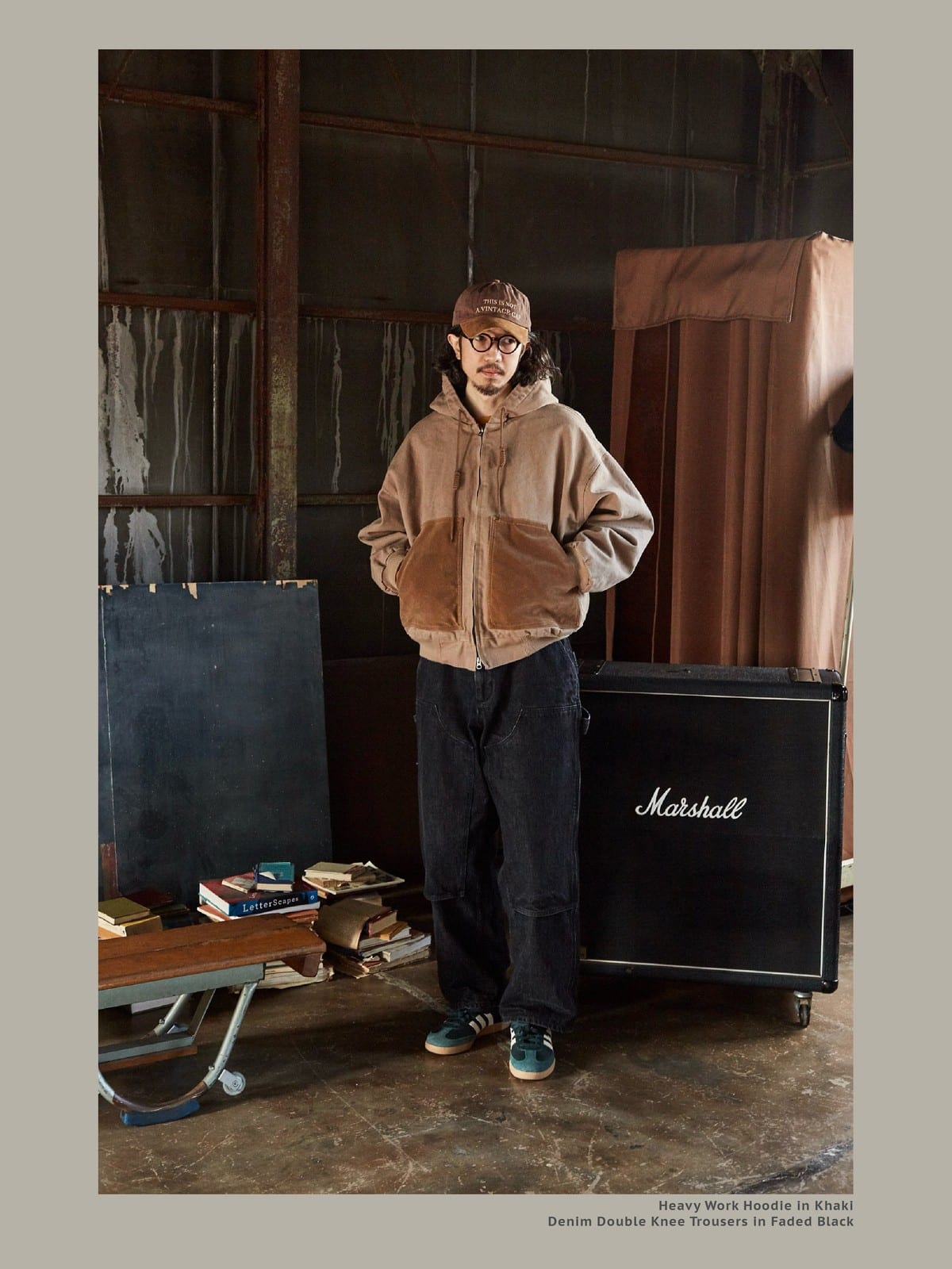 USAGE Washed Denim Double Knee Trousers in Black - On Male Model