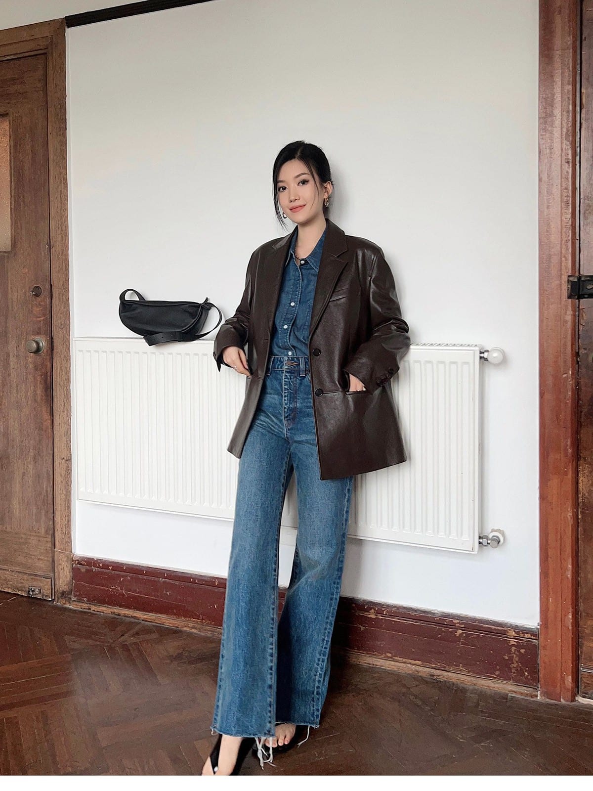 MSBEAST Vegetable Tanned Sheepskin Blazer in Brown - On Female Model