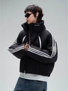 LOSTCTRL Color Block Stripe Puffer Jacket in Black - On Model