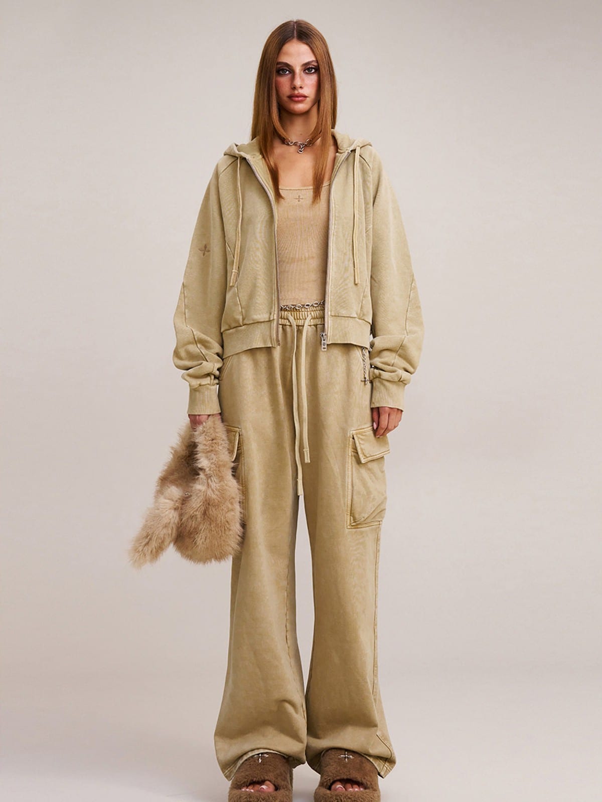 SMFK Garment Dyed Cotton Zip Up Hoodie in Beige - On Female Model