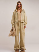 SMFK Garment Dyed Cotton Zip Up Hoodie in Beige - On Female Model