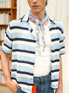 Retro 21 Irregular Pleated Vintage Print Scarf in Blue - On Male Model
