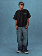MEDM Letter Embroidery Cotton T Shirt in Black - On Male Model