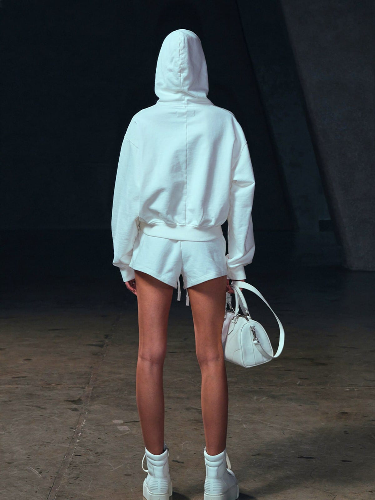 SMFK Meditation Cropped Cotton Hoodie in White - On Model