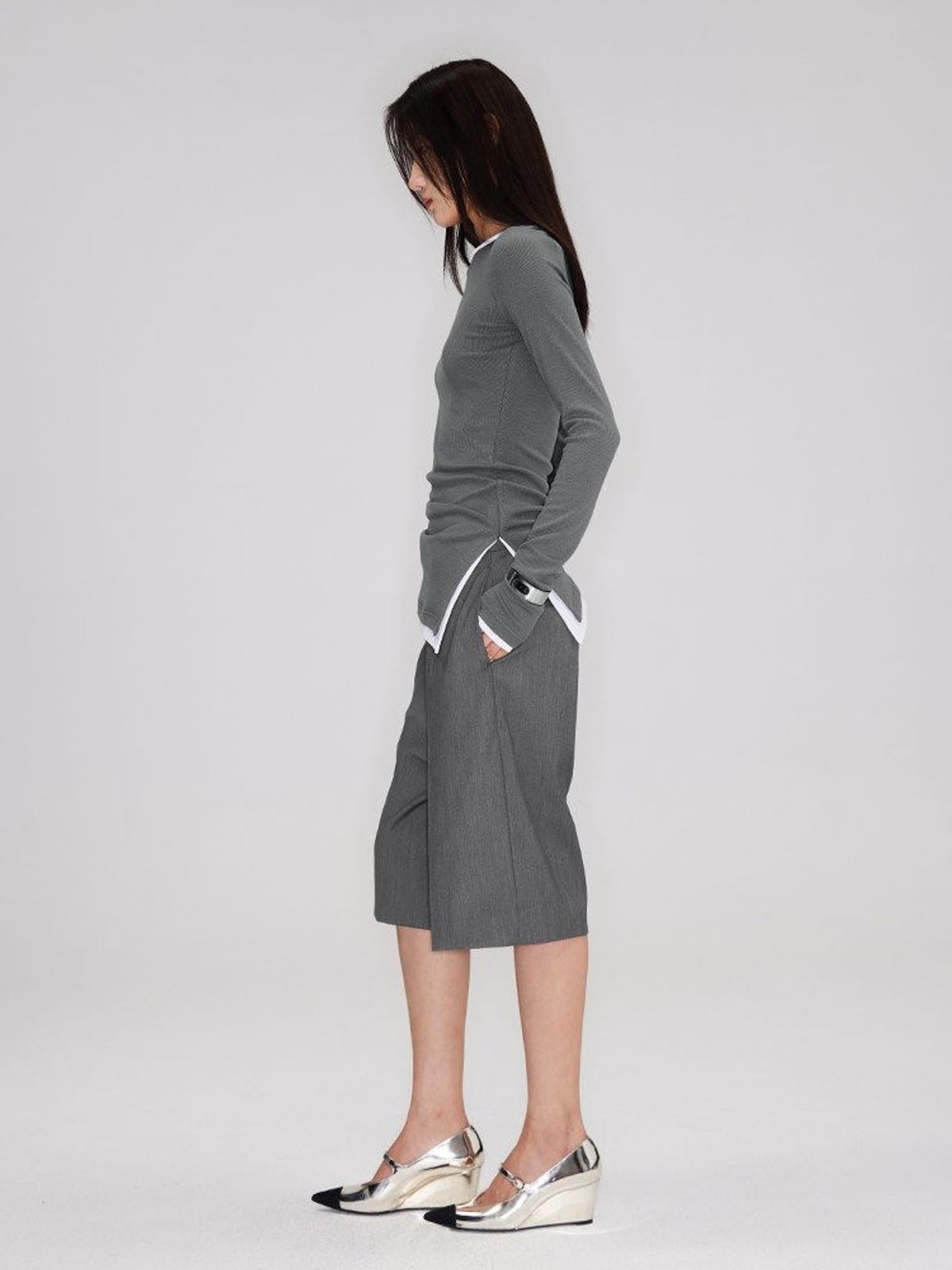 RARELY ALIKE Tailored Bermuda Shorts in Gray - On Female Model