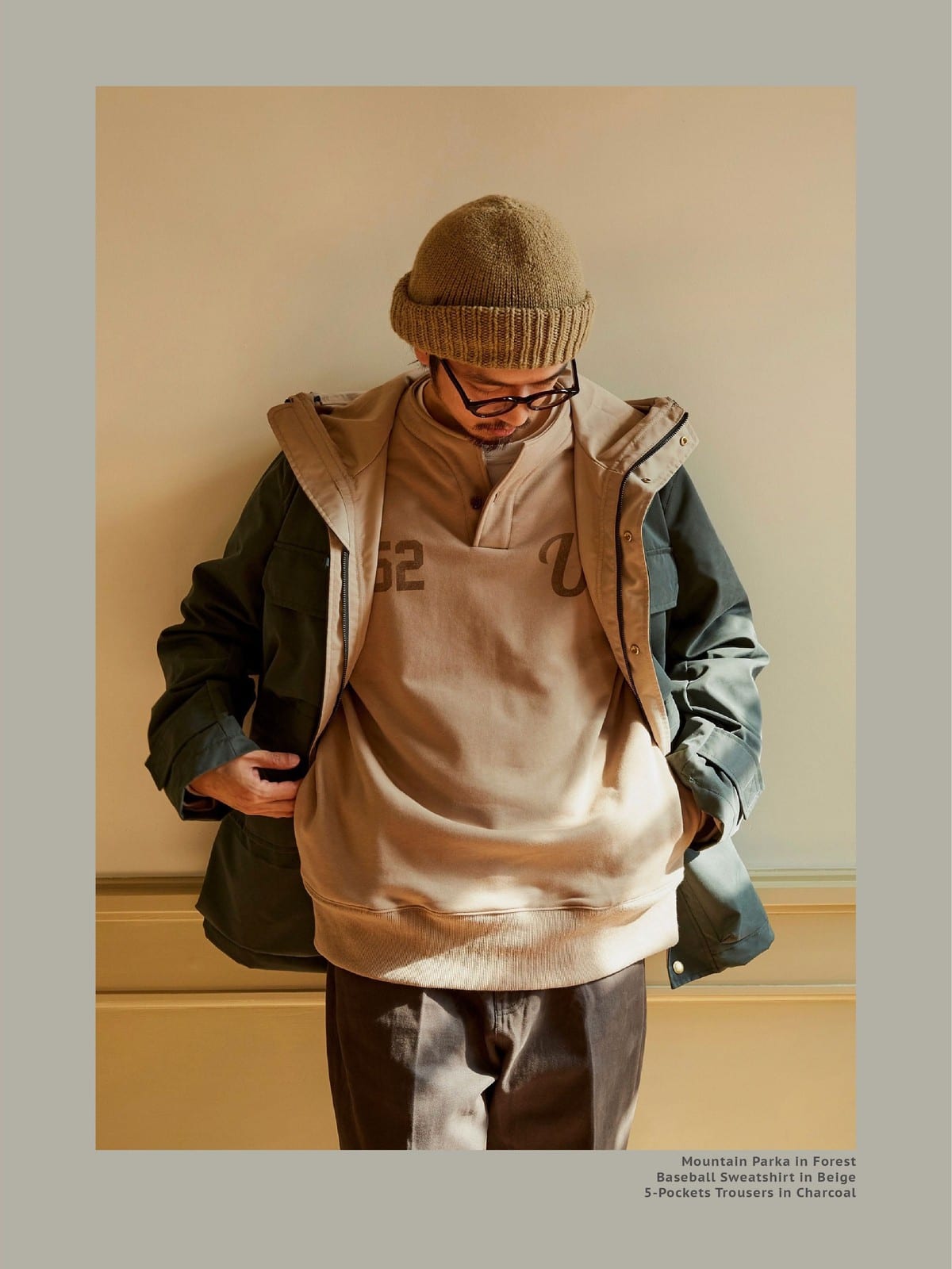 USAGE Terry Cotton Henley Sweatshirt in Beige - On Male Model