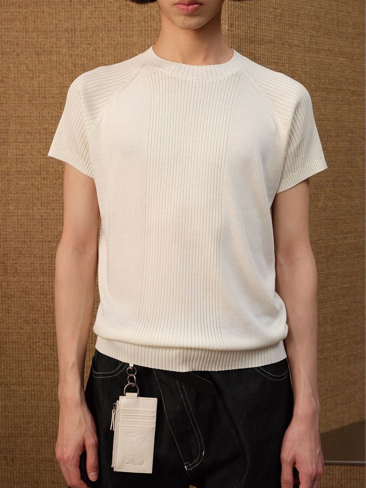 JCAESAR STUDIO Ribbed Ice Silk Raglan T Shirt in Cream - On Male Model