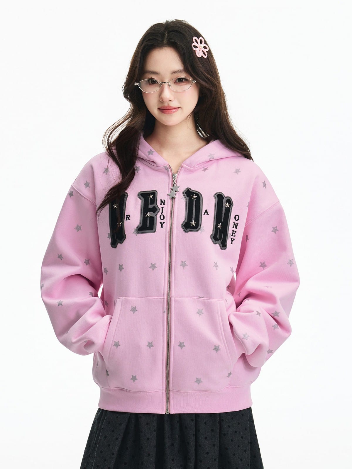 MEDM Fleece Lined Star Print Zip Hoodie in Pink - On Female Model