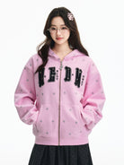 MEDM Fleece Lined Star Print Zip Hoodie in Pink - On Female Model