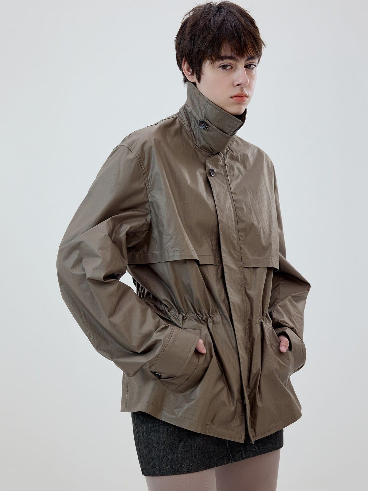 SIMPLE PROJECT Coated Drawstring Hunting Jacket in Beige - On Female Model
