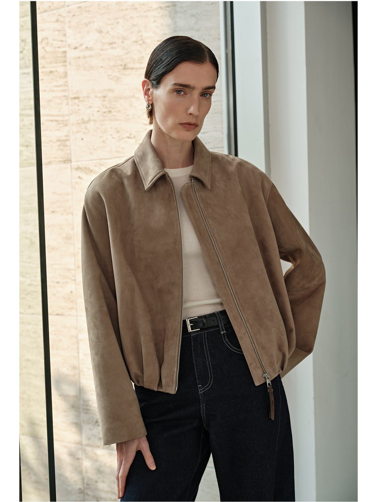 MSBEAST Gathered Hem Sheep Leather Jacket in Beige - On Female Model