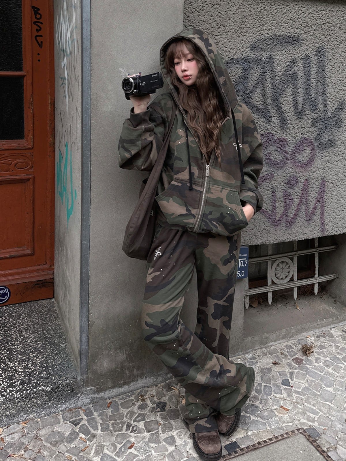 SMFK Cross Embroidered Zip Up Hoodie in Olive - On Female Model