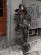 SMFK Cross Embroidered Zip Up Hoodie in Olive - On Female Model