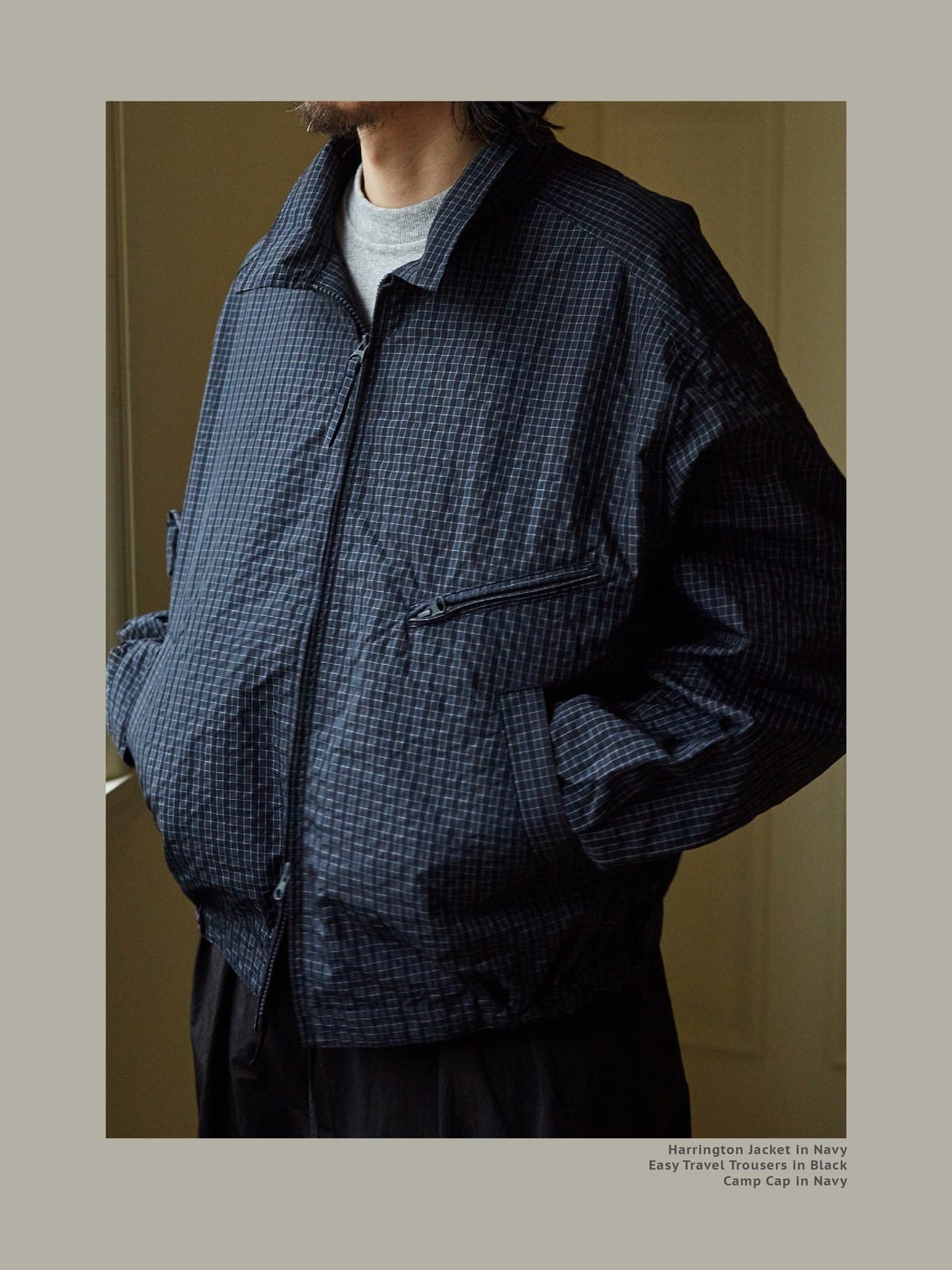 USAGE Jacquard Check Harrington Jacket in Navy Blue - On Male Model