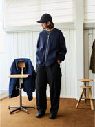 USAGE Heavyweight Waffle Knit Zip Cardigan in Navy Blue - On Male Model