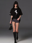 SMFK Heavyweight Cotton Horse Print T Shirt in Black - On Female Model