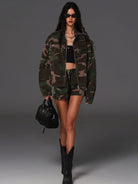 SMFK Camouflage Zip Up Cropped Jacket in Green - On Female Model