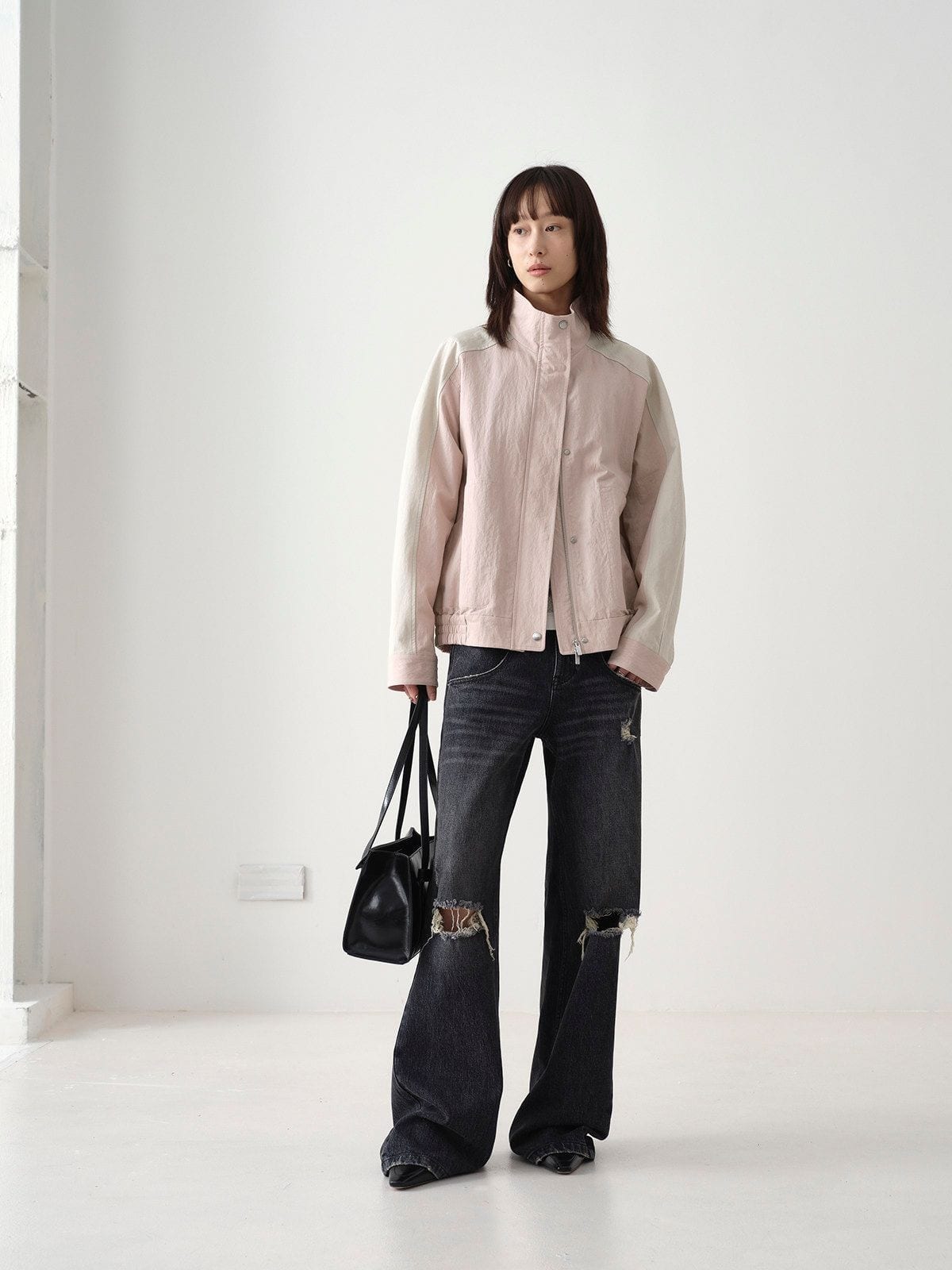 Random Piece Color Block Cotton Blend Cropped Jacket in Pink - On Female Model