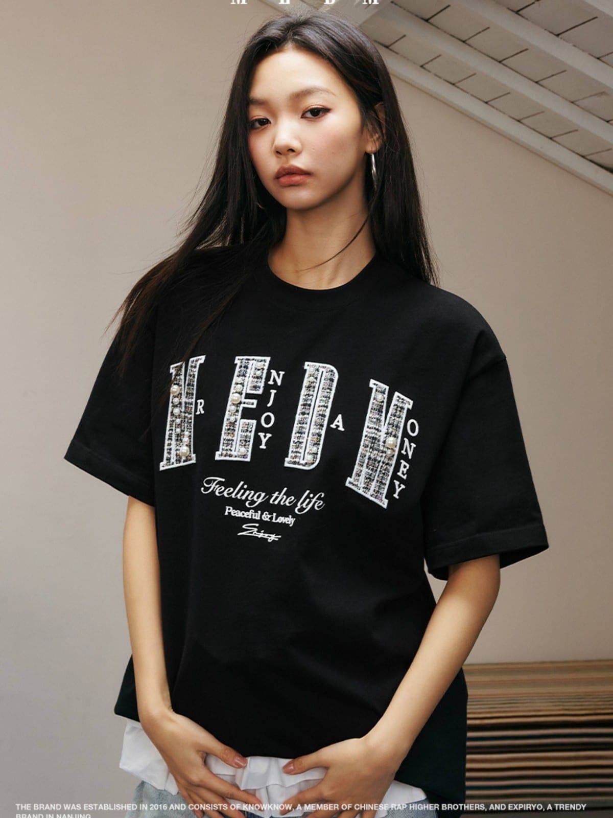 MEDM Pearl Embellished Letter Cotton T Shirt in Black - On Female Model