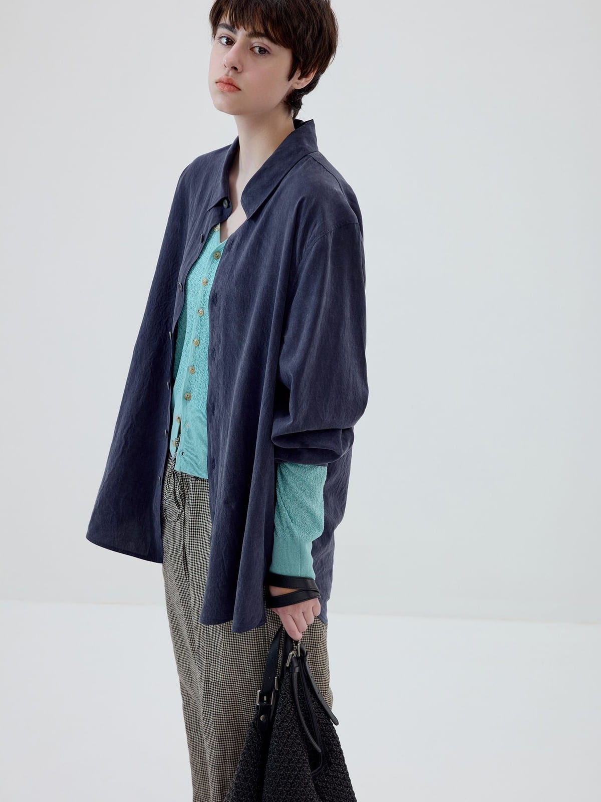 SIMPLE PROJECT Washed Lyocell Long Sleeve Shirt in Navy Blue - On Female Model