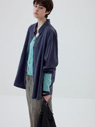 SIMPLE PROJECT Washed Lyocell Long Sleeve Shirt in Navy Blue - On Female Model