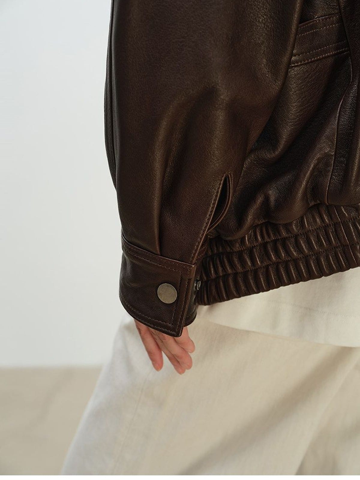 MSBEAST Stand Collar Textured Leather Jacket in Brown - On Model