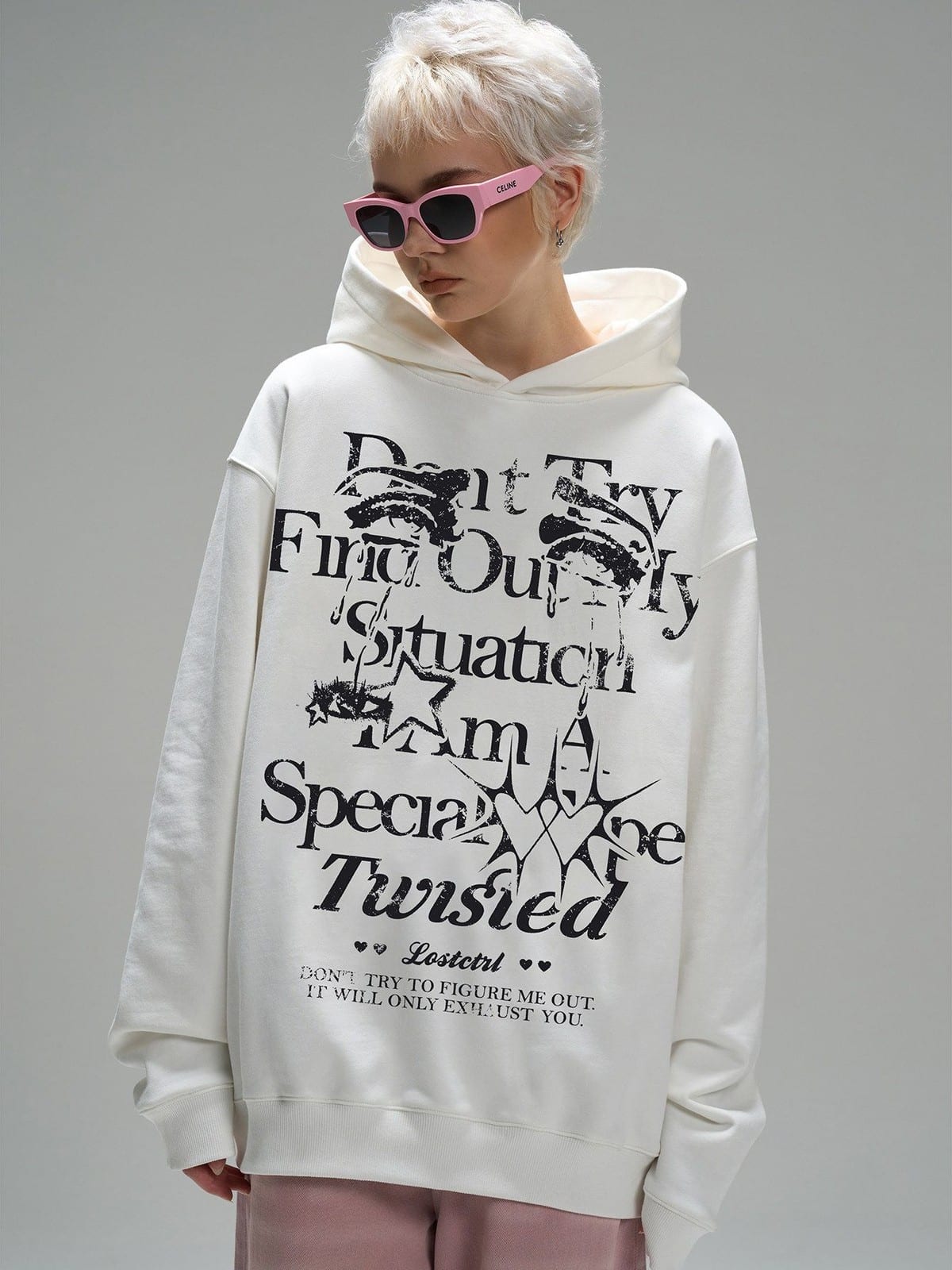 LOSTCTRL Graphic Print Fleece Hoodie in White - On Female Model