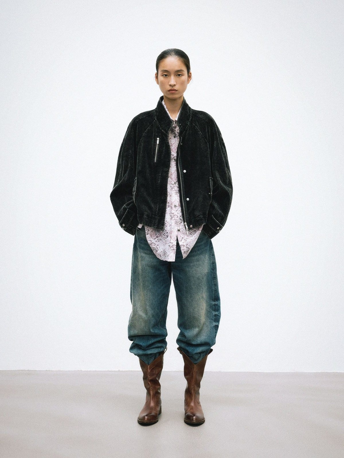 Random Piece Distressed Corduroy Cropped Jacket in Black - On Female Model