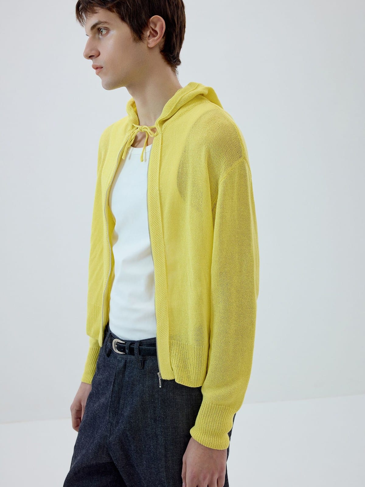 SIMPLE PROJECT Washi Paper Yarn Zip Up Hoodie in Yellow - On Male Model