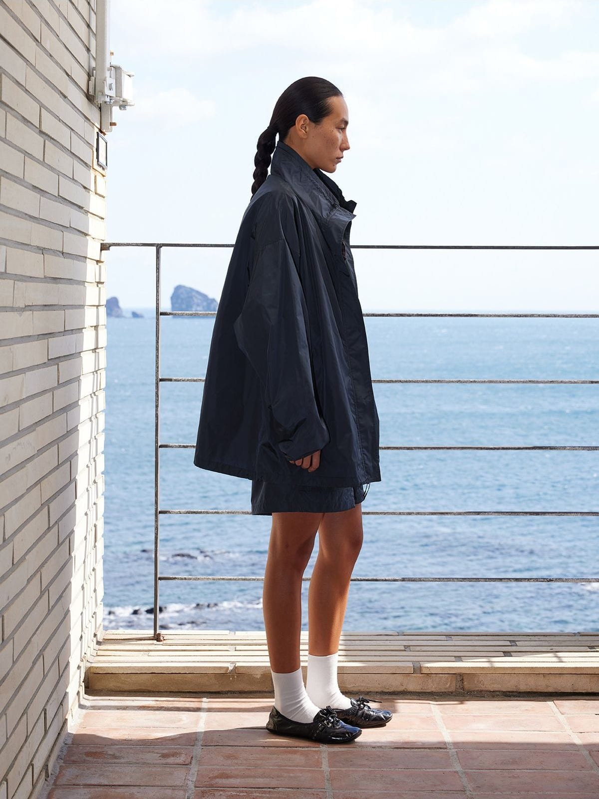 Random Piece Stand Collar Polyamide Windbreaker in Gray - On Female Model