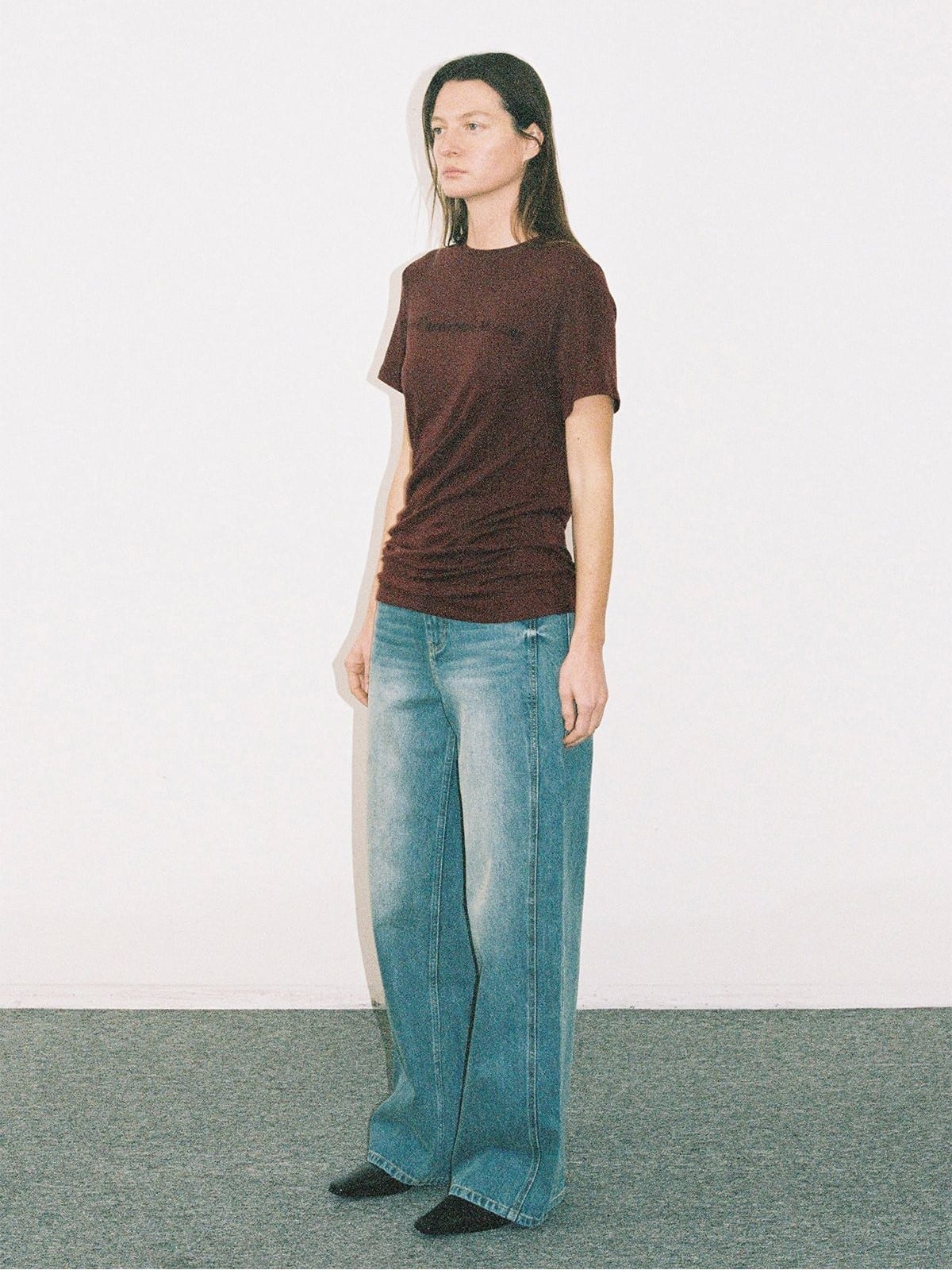 Random Piece Lyocell Blend Letter Print T Shirt in Burgundy - On Female Model