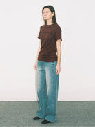 Random Piece Lyocell Blend Letter Print T Shirt in Burgundy - On Female Model