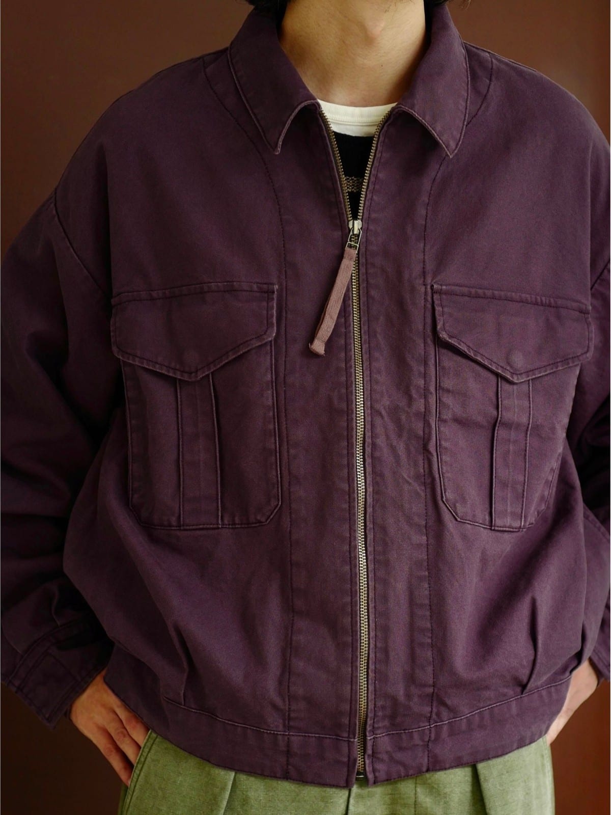USAGE Heavyweight Canvas Cropped Workwear Jacket in Purple - On Male Model
