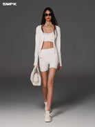 SMFK Scoop Neck Zip Up Sports Jacket in White - On Female Model