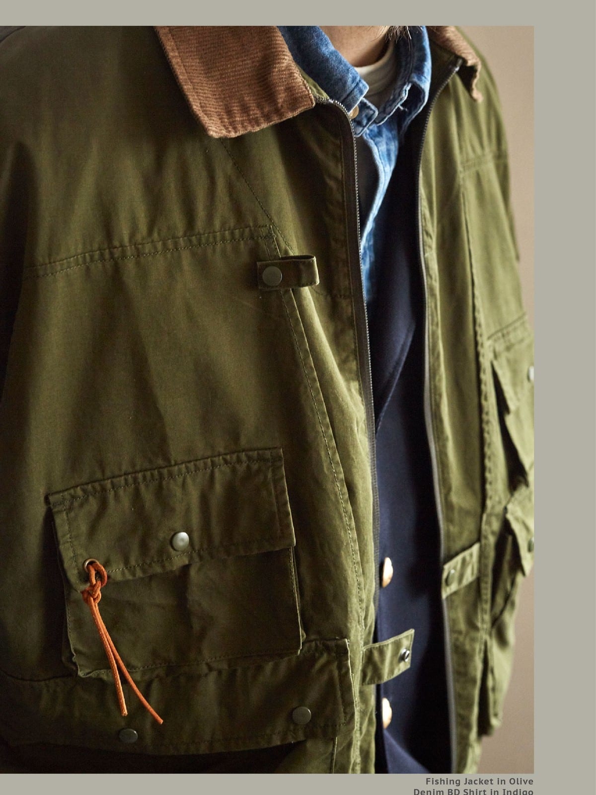 USAGE Corduroy Collar Cotton Fishing Jacket in Olive - On Male Model