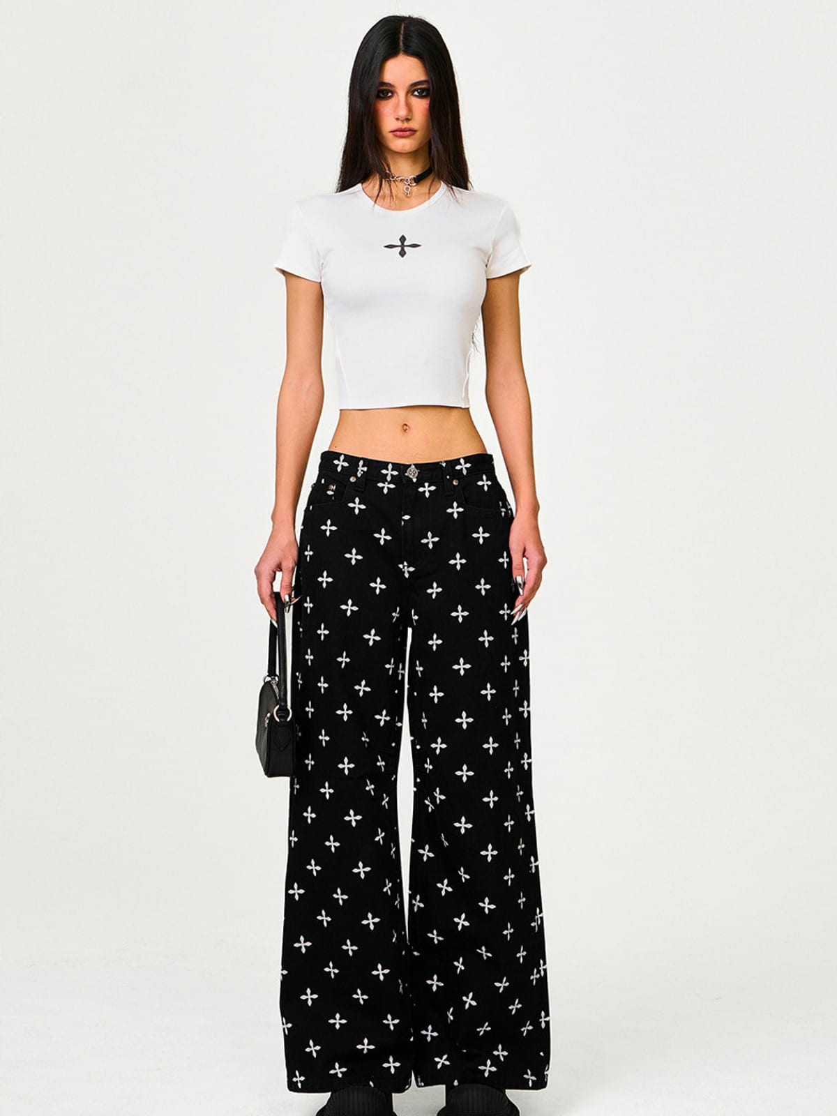 SMFK All Over Print Wide Leg Jeans in Black - On Female Model