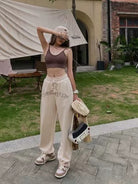 BeerBro Fleece Lined Split Hem Sweatpants in Cream - On Female Model