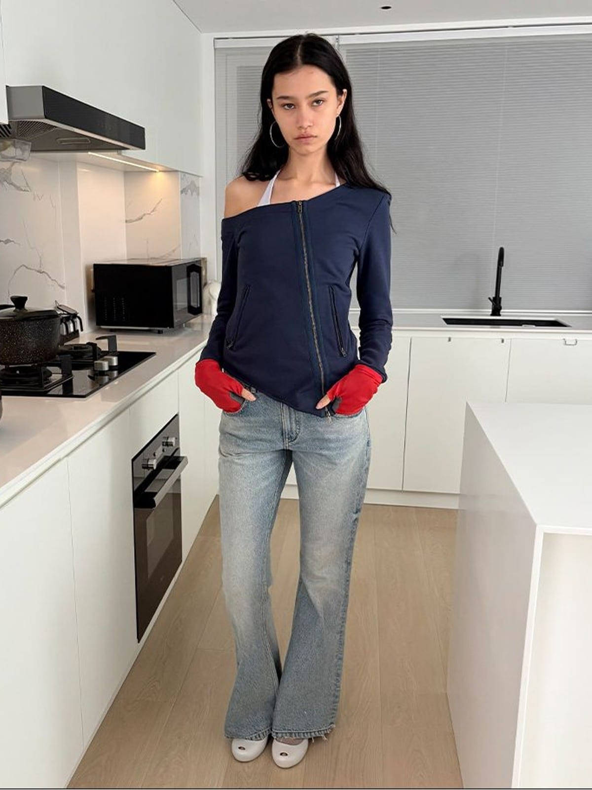 RARELY ALIKE Asymmetric Off Shoulder Sweatshirt in Navy Blue - On Female Model
