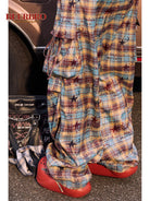 BeerBro Graffiti Plaid Strap Cargo Pants in Sky Blue - On Model
